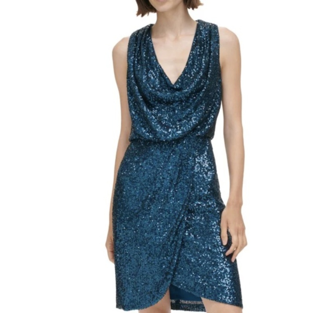 Eliza J Sequin Cowl Neck Sheath Dress in Teal –‎ NWT Size 2